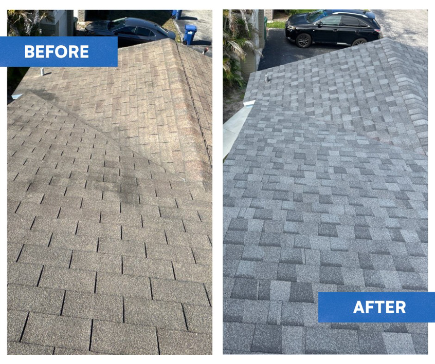 Before and after comparison of a roof replacement project by FHIA Remodeling in Fort Lauderdale, FL