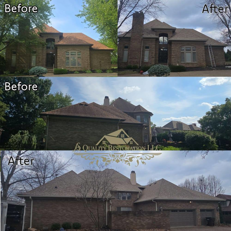 Before and after photos of a house showing roof replacement by A Quality Restoration Services in Louisville, KY.