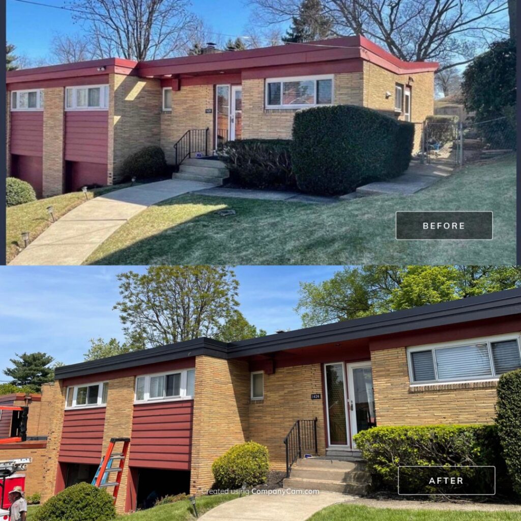 Before and after photos of a residential roof replacement project completed by Prescott Roofing and Masonry in Carnegie, PA.