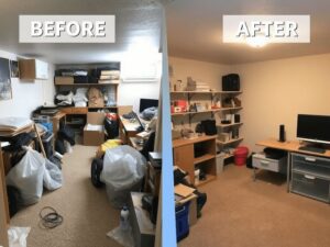 Before and after view of a room cleanout service by Altri Junk Removal Services in Lynn, MA, showing a dramatic transformation.