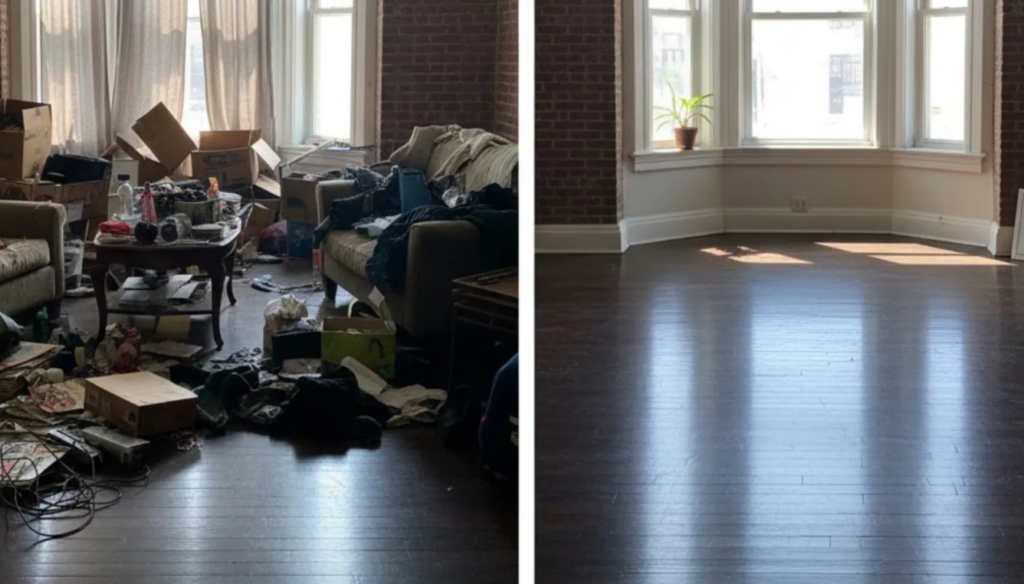 Before and after comparison of a room cleanout service by Paul's Rubbish Removal and Demolition in Quincy, MA.