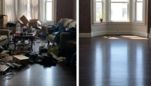 Before and after comparison of a room cleanout service by Paul's Rubbish Removal and Demolition in Quincy, MA.