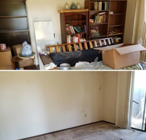 Before and after photos showing a room cleared of junk and clutter by LNK Junk Removal in Council Bluffs, IA.