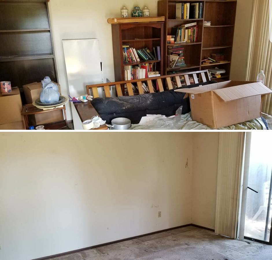 Before and after photos showing a room cleared of junk and clutter by LNK Junk Removal in Council Bluffs, IA.