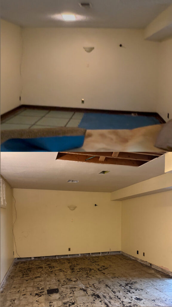 Before and after views of a room undergoing renovation and stripping by Asbestos Abatement, Inc in Englewood, CO.