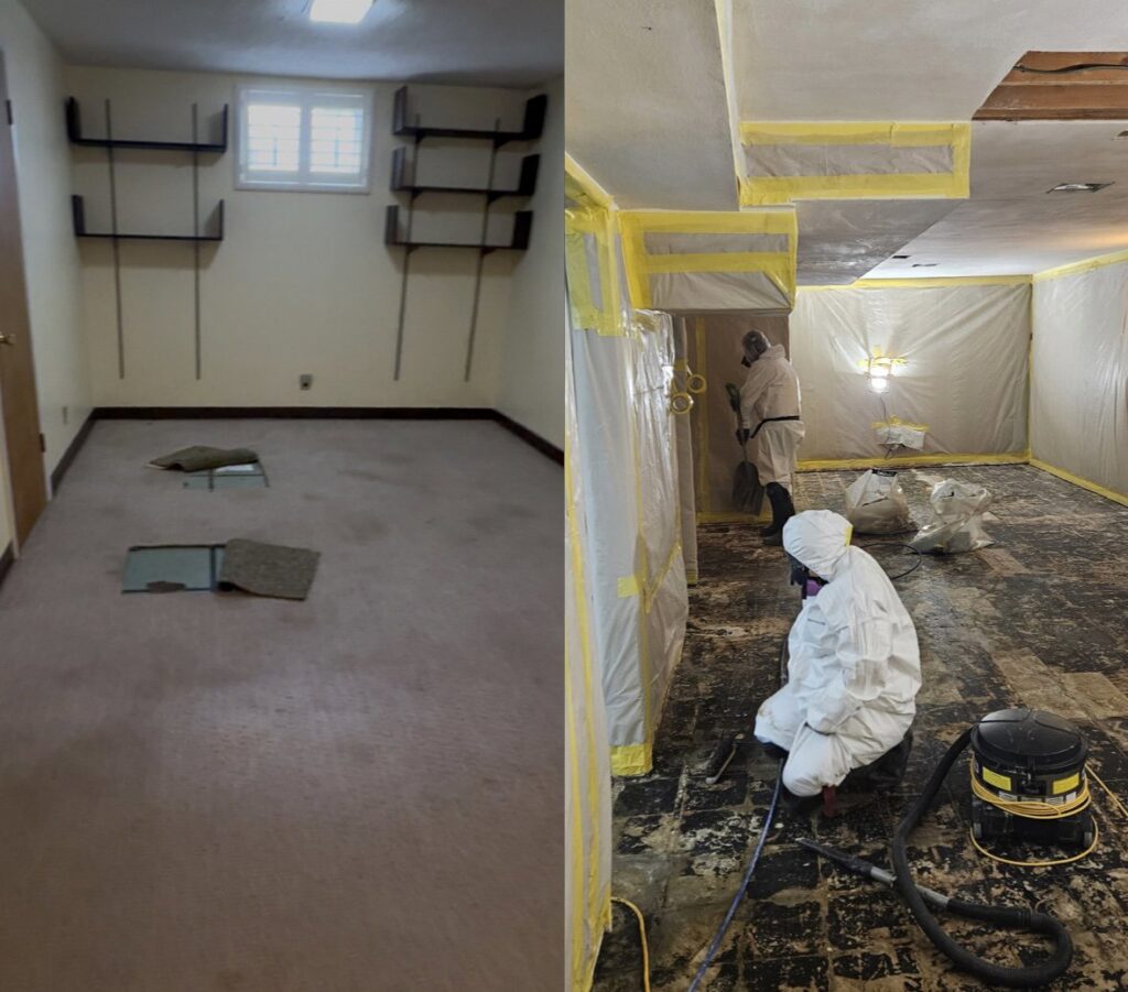 Before and after views of a room being stripped to the subfloor by Asbestos Abatement, Inc in Englewood, CO.