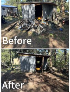 Before and after photos showing a shed area cleared of junk and debris by Big Skye Dumpsters in Jacksonville, FL.