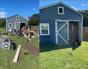 Before and after view of a shed area cleared of junk and debris by Cowtown Waste Removal in Fort Worth, TX.