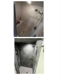 Before and after comparison of a shower remodel completed by Okie Custom Designs in Stillwater, OK.