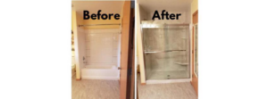 Before and after comparison of a shower replacement and bathroom remodel by Home Improvements by Duane in Racine, WI.