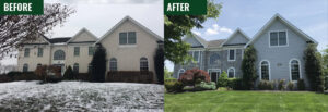 Before and after comparison of a house with new siding and stone veneer installed by Glick's Exteriors in Philadelphia, PA.