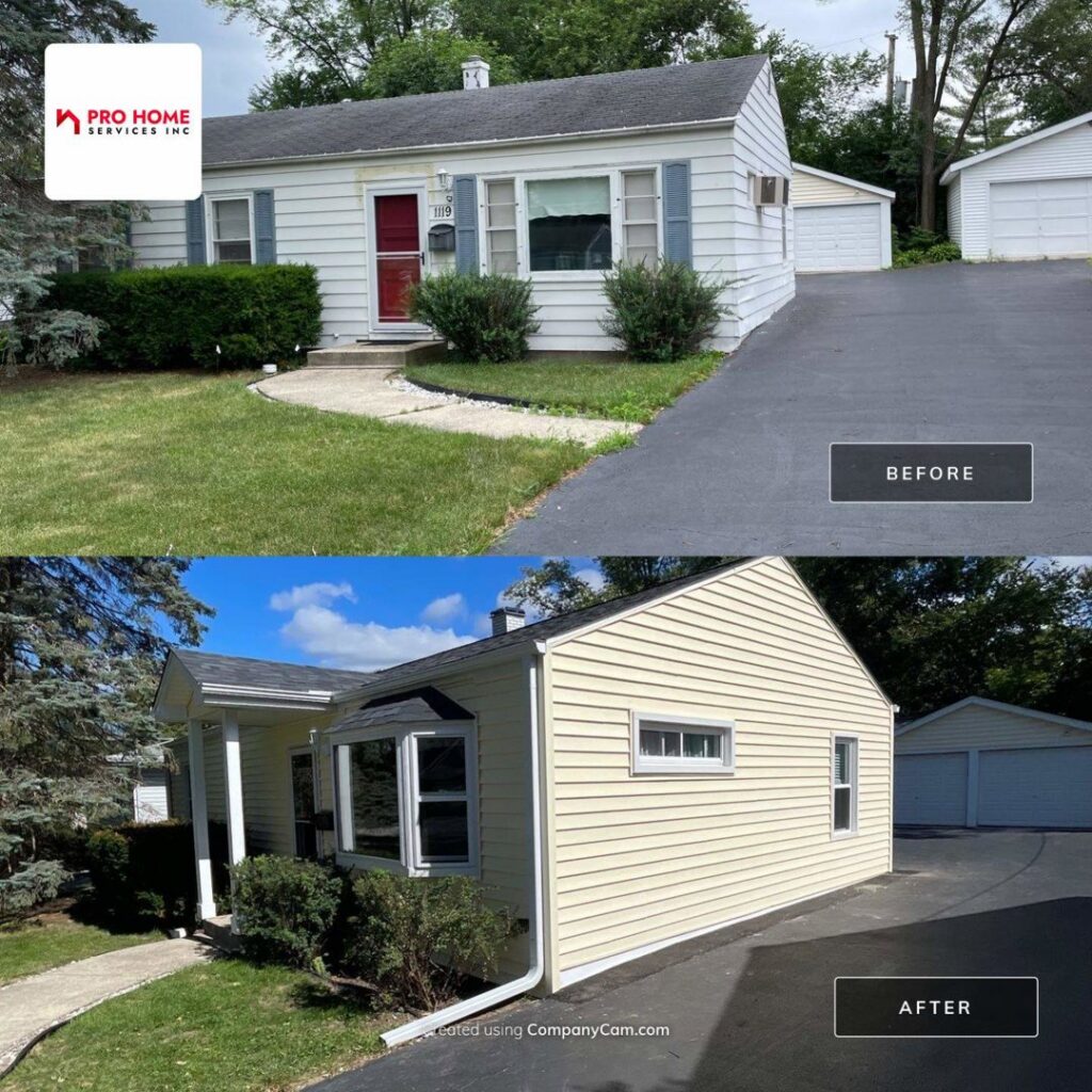 Before and after view of a house with new siding and window replacement by Pro Home Solutions in Aiken, SC.