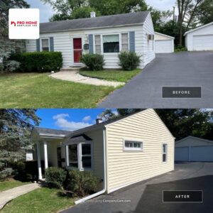 Before and after view of a house with new siding and window replacement by Pro Home Solutions in Aiken, SC.