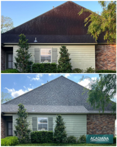 Before and after cleaning of a stained roof and house exterior by Acadiana Softwash Solutions, LLC in Baton Rouge, LA