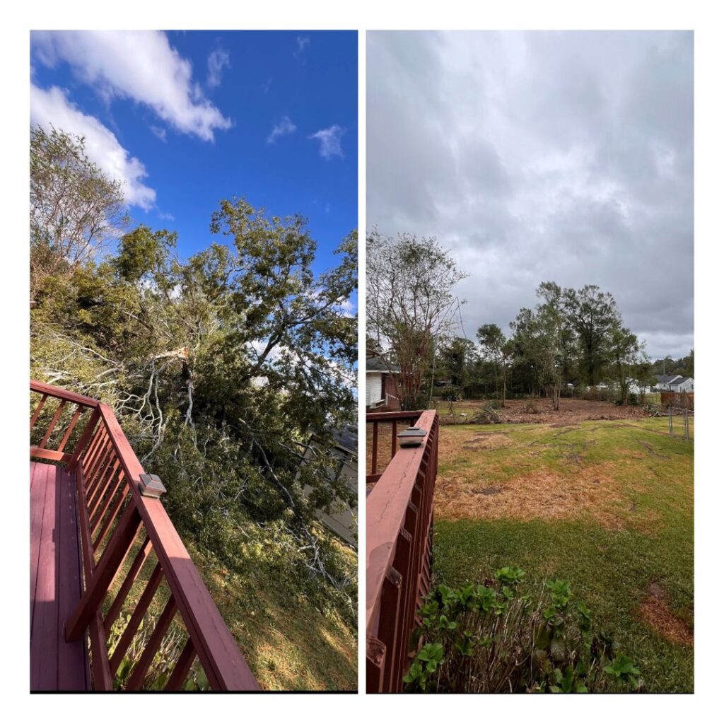 Before and after photos showing a large fallen tree branch removed from a deck by Stumps Be Gone in Augusta, GA.