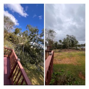 Before and after photos showing a large fallen tree branch removed from a deck by Stumps Be Gone in Augusta, GA.