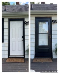 Before and after of a new black storm door installation by Med City Handy Ma'am in Rochester, MN