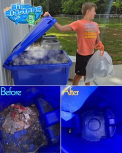 Before and after comparison of a dirty blue trash bin cleaned by Bin Blasters - Knoxville, TN, showing steam from cleaning.