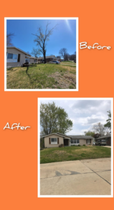 Before and after photos showing a large tree removed from a residential front yard by CRAB Tree Service in St. Charles, MO.
