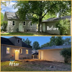 Before and after photos show a large tree removed from a residential property by Magee Tree Service in Detroit, MI.