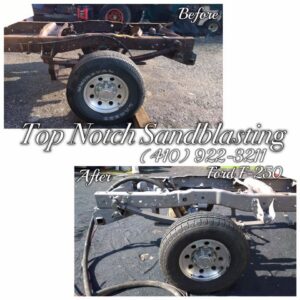 Before and after sandblasting of a truck chassis by Top Notch Sandblasting LLC in Randallstown, MD