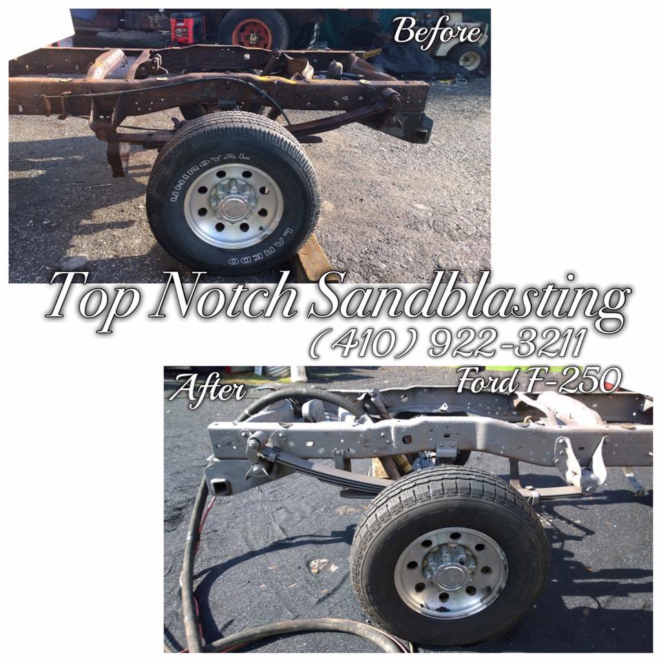 Before and after sandblasting of a truck chassis by Top Notch Sandblasting LLC in Randallstown, MD