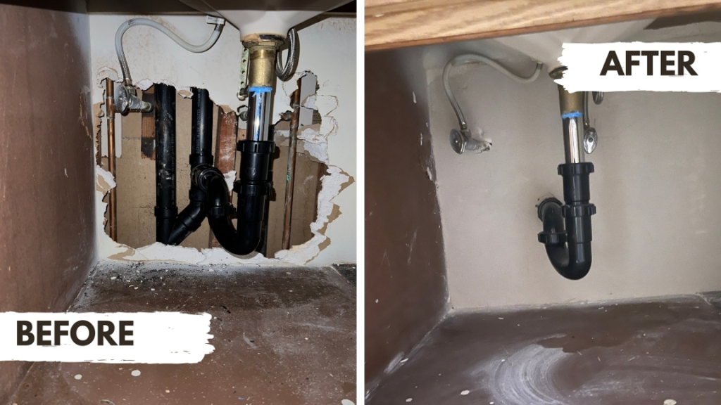 Before and after view of professional under-sink plumbing repair and installation by In&Out Handyman in West Hollywood, CA.