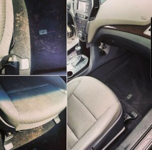 Before and after of a vehicle interior after professional cleanup and junk removal by Biohazard PRO in Boston, MA.