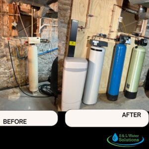 Before and after of a water treatment system upgrade by S & L Water Solutions in Hagerstown, MD.