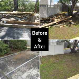 Before and after photos showing successful wood debris removal service by Jax Junk Squad in Jacksonville, FL.