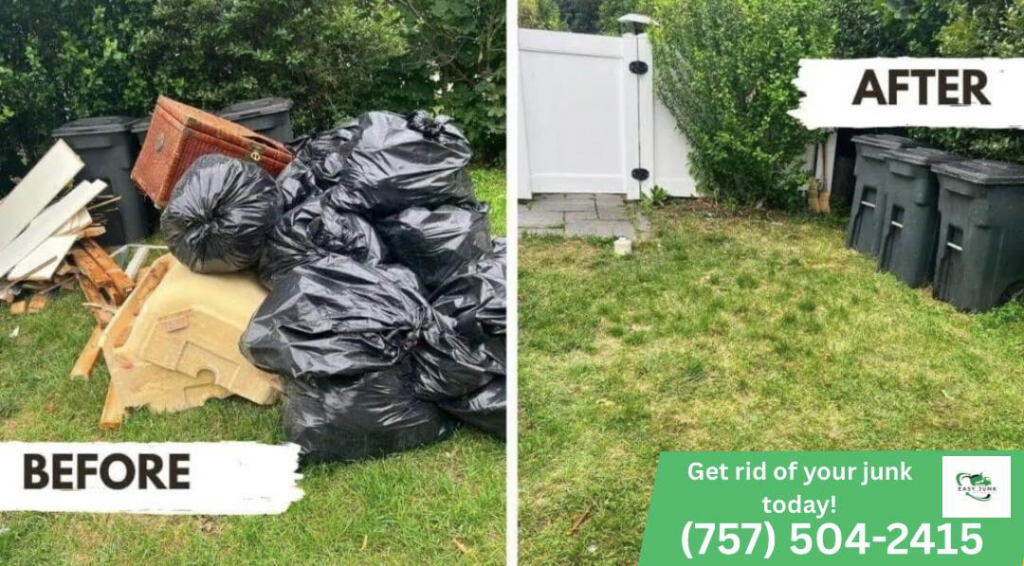 Before and after comparison of a yard cleared of junk by Easy junk removal in Newport News, VA.