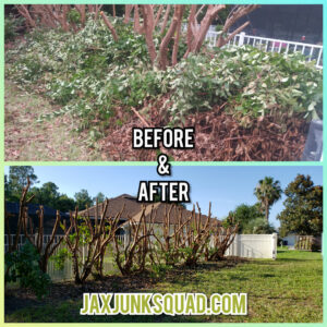 Before and after images demonstrating yard waste and bush trimming debris removal by Jax Junk Squad in Jacksonville, FL.