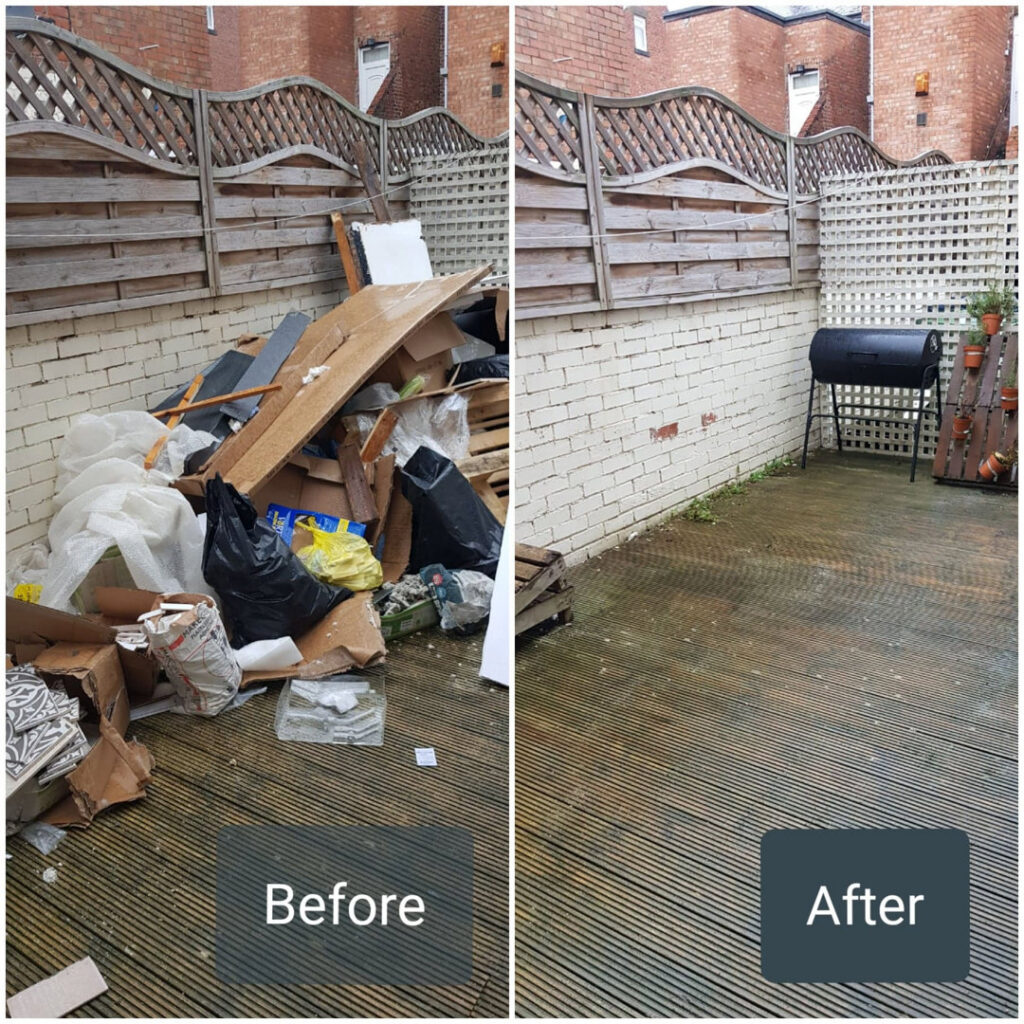 A before and after comparison showing a backyard cleanout, with a large pile of junk removed by JUNK IN THEE TRUNK in Kent, WA.