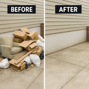 A before and after comparison showing a clean patio after junk removal by Load and Go Junk Removal in Ames, IA.
