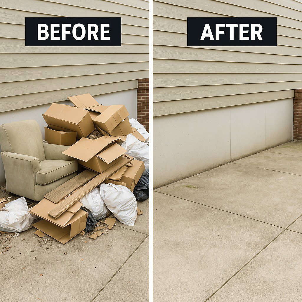 A before and after comparison showing a clean patio after junk removal by Load and Go Junk Removal in Ames, IA.