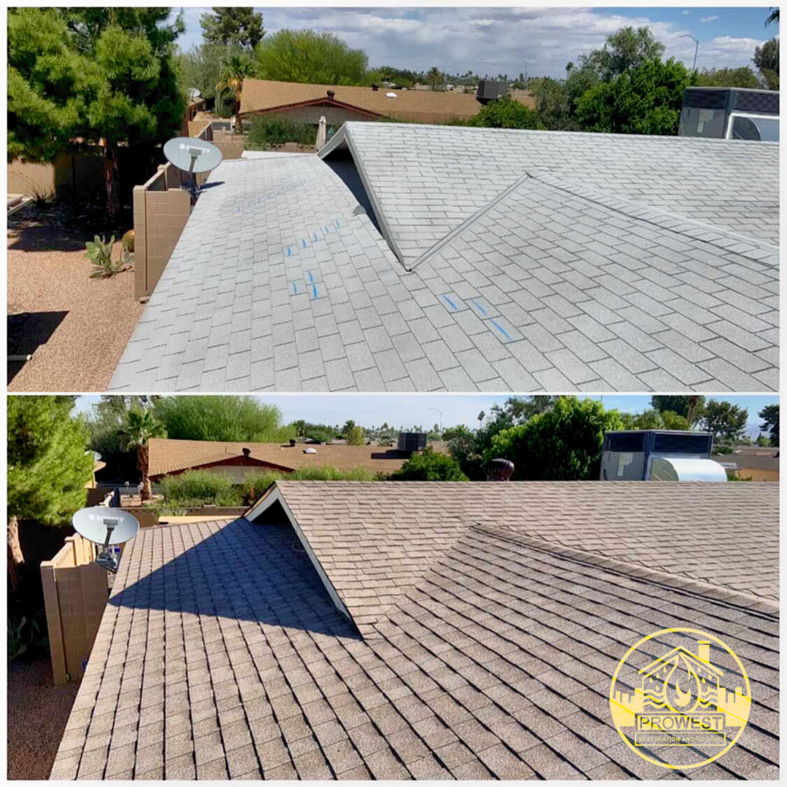 Before and after comparison of a complete roof replacement by ProWest, LLC in Gilbert, AZ