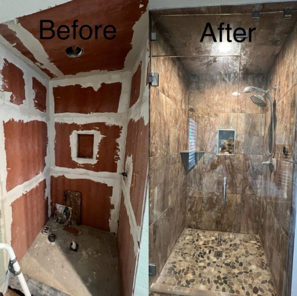 Before and after photos of a shower renovation, showcasing the quality work by Vegas Handyman Services in Las Vegas, NV.