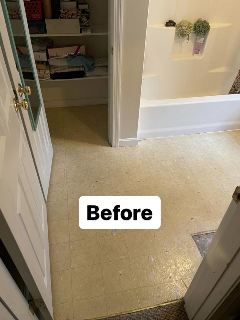 Before photo showing an old bathroom floor, ready for renovation by Friendly Neighborhood Handyman in Uxbridge, MA.