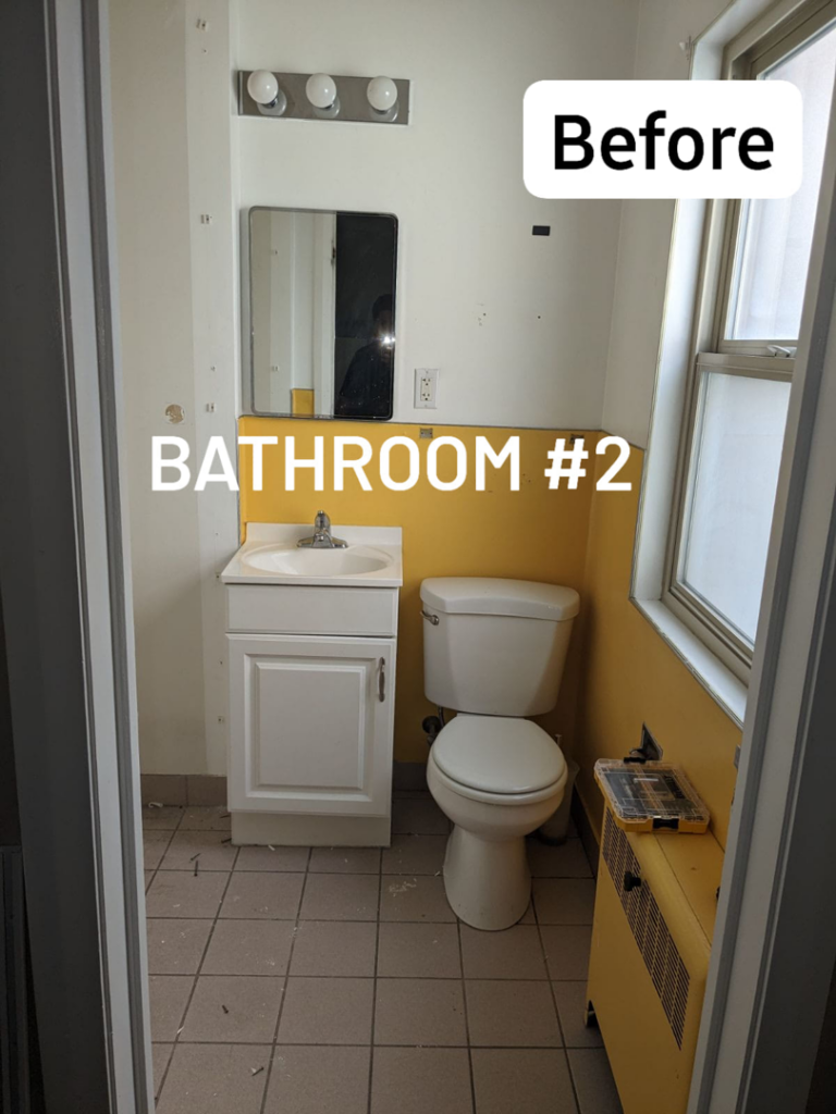 A "before" photo of a bathroom showing an old vanity, toilet, and tiled floor, ready for a remodel by Joel's Handyman in Ogden, UT.