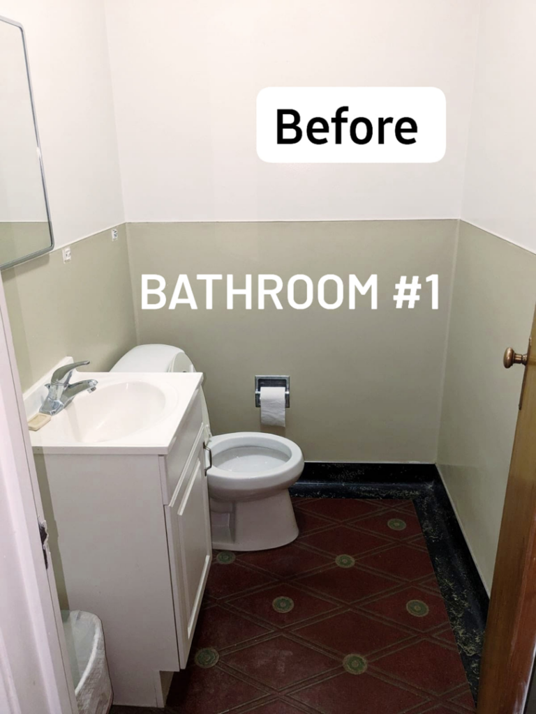 A "before" photo of a bathroom showing old fixtures and flooring, awaiting renovation by Joel's Handyman in Ogden, UT.