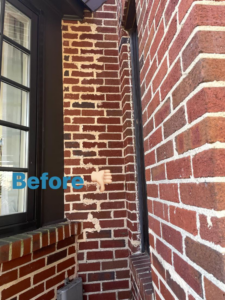 Before photo of a discolored brick wall needing staining services from East Coast Brick Staining in Raleigh, NC.
