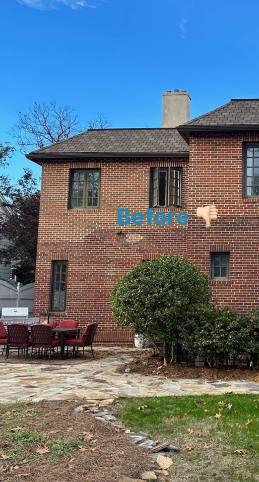 Before photo of a house exterior with faded brick, awaiting staining by East Coast Brick Staining in Raleigh, NC.