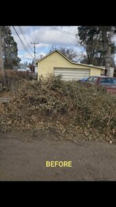 A large pile of yard debris and brush in a "BEFORE" image, awaiting cleanup by 701 Scrap in Williston, ND.