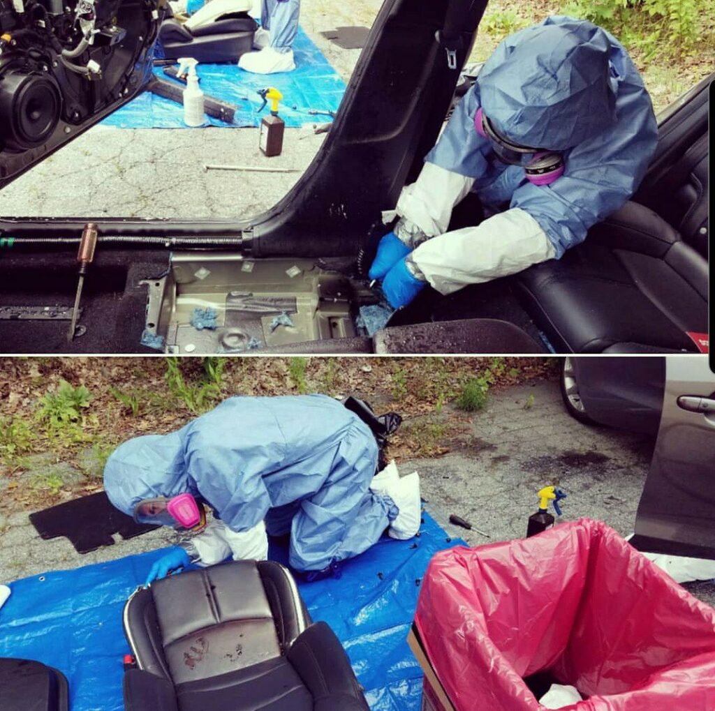 Biohazard PRO team performing car interior remediation and contaminated junk removal in Boston, MA.