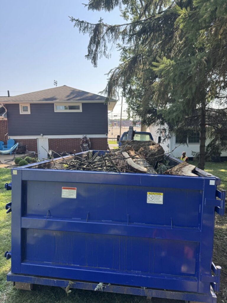 A blue dumpster from TRS Roll-Offs LLC filled with tree branches and logs, indicating a yard waste removal service in Canton, OH.