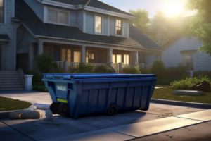 A blue dumpster sits on a residential driveway for junk removal services by Dumpster Rental Champs Austin, TX.