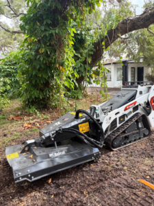 A Bobcat compact track loader with a forestry mulcher attachment for land clearing by S & J Stump Removal LLC in Shreveport, LA.