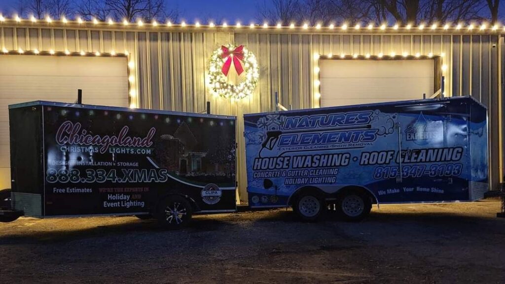 Branded trailers for Christmas lights installation and other services from Chicago Christmas Lights LLC in Chicago, IL.