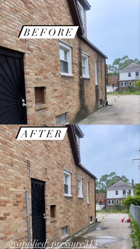 Before and after comparison of a brick house exterior, demonstrating cleaning services by Applied Pressure LLC in Detroit, MI.
