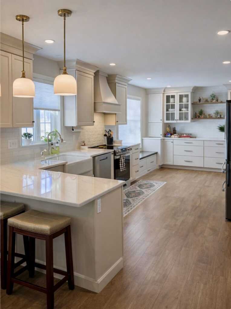 A bright white kitchen remodel with light cabinets, a large island, and pendant lighting by Pluff Contractors LLC in Lancaster, PA.